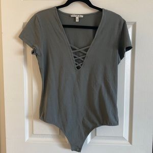Express gray/green v-neck thong bodysuit